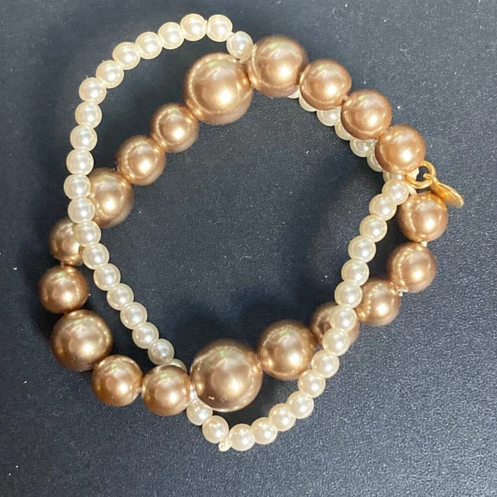 J Crew Crewcuts Champagne Beaded Bracelet Gold Tone Faux Pearl Stretch Bridal
